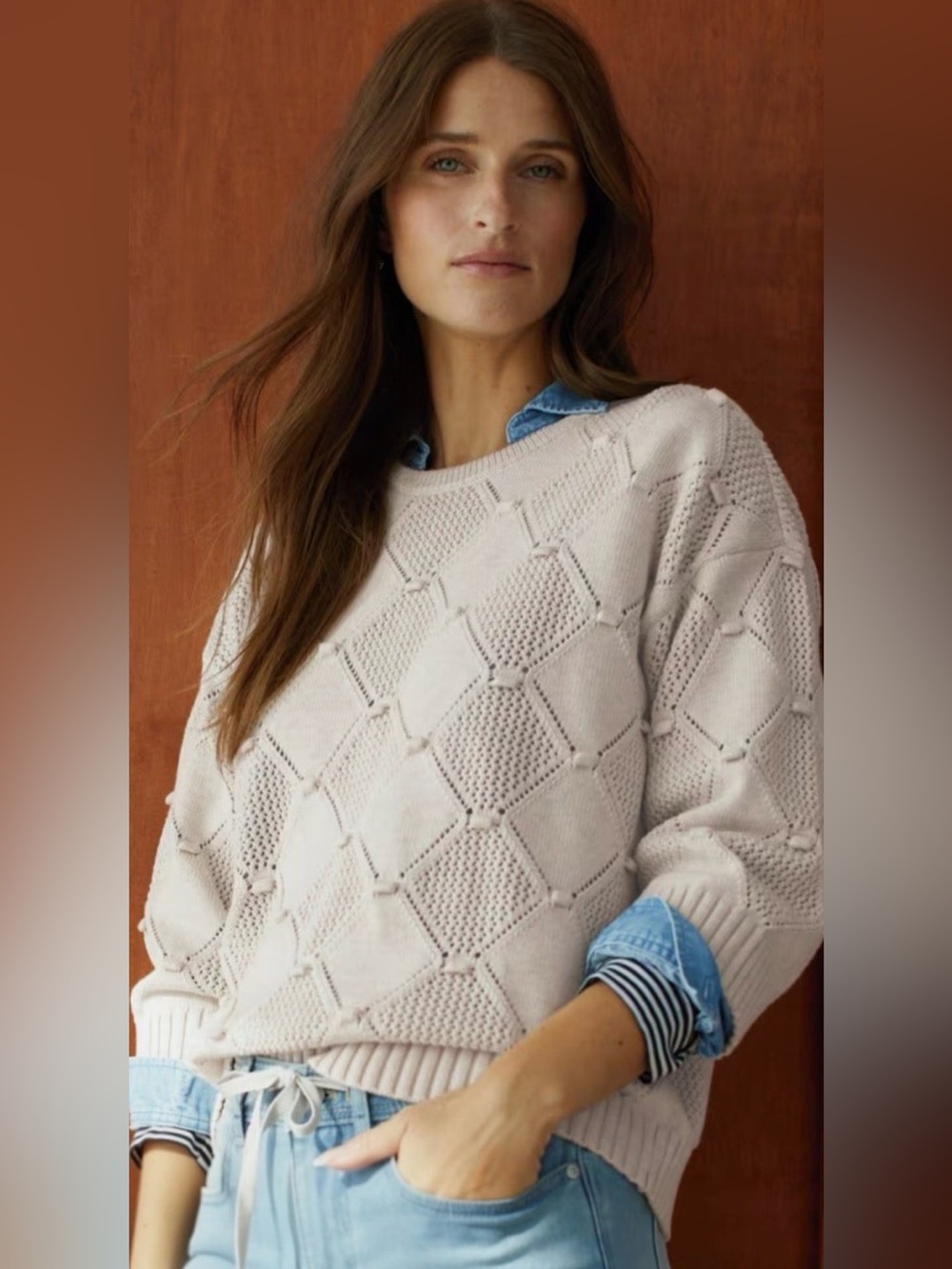 J. Jill Cream Diamond-Textured Crewneck Sweater